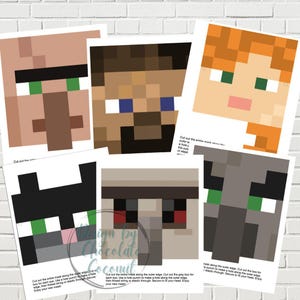 May include: Printable Minecraft character masks for kids. The masks feature Steve, Alex, a zombie, a creeper, and a wolf. Each mask has instructions to cut out the eyes and mouth, and to thread string or elastic through the holes to secure the mask to the head.