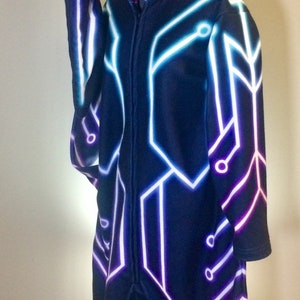 May include: A black hooded jumpsuit with a white and purple circuit board design. The hood has a bunny rabbit face with glowing eyes.