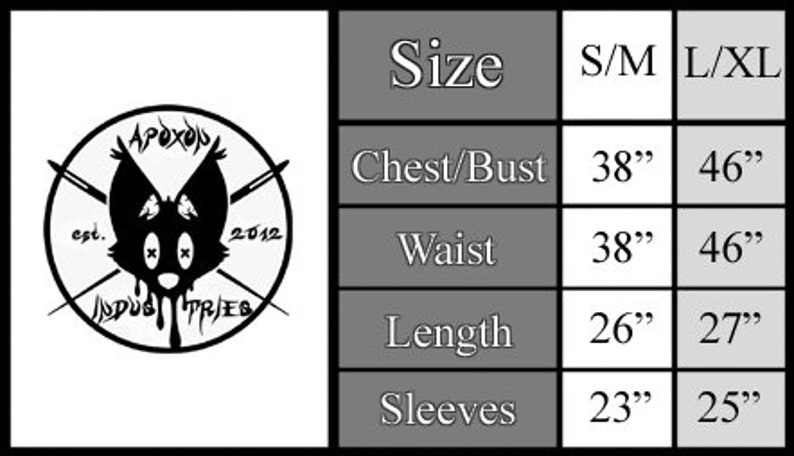 Puede incluir: Tabla de tallas para una camisa con medidas en pulgadas para pecho/busto, cintura, largo y mangas. La tabla muestra las tallas S/M y L/XL.