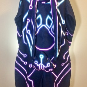 May include: Black hooded sweatshirt with a neon pink, blue, and white circuit board design. The hood has a neon pink and blue design that resembles a face.