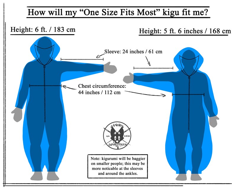 May include: Diagram showing how a "One Size Fits Most" kigurumi will fit people of different heights. The diagram shows two figures, one 6 feet tall and the other 5 feet 6 inches tall, wearing the same blue kigurumi. The kigurumi is baggy on the shorter person, especially around the sleeves and ankles. The diagram includes measurements for the kigurumi's sleeve length and chest circumference.