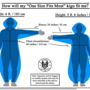 Puede incluir: Diagrama que muestra c&oacute;mo un kigurumi de "Talla &uacute;nica" se ajusta a personas de diferentes alturas. El diagrama muestra dos figuras, una de 1,83 metros de altura y la otra de 1,68 metros de altura. El kigurumi es azul y tiene una cremallera en la parte delantera. El diagrama incluye medidas para la longitud de la manga, la circunferencia del pecho y la altura.