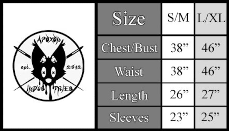 Puede incluir: Tabla de tallas para una camisa con medidas en pulgadas para pecho/busto, cintura, largo y mangas. La tabla muestra las tallas S/M y L/XL.