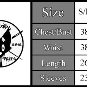 May include: Size chart for a shirt with measurements in inches for chest/bust, waist, length, and sleeves. The chart shows sizes S/M and L/XL.
