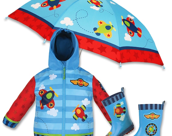 3 Pieces Set Stephen Joseph Airplane Rain Gear, Umbrella, Rain Coat and Rain Boots.