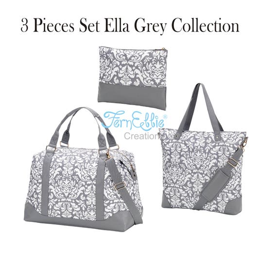 3 Pieces Set Monogrammed Ella Grey Weekender, Shoulder Bag, Cosmetic Bag-Zip Pouch, Travel Bags Set, Polyester With Vegan Leather Trim