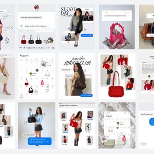 Könnte beinhalten: Eine Sammlung von Bildern, die verschiedene Handtaschen in verschiedenen Farben und Stilen zeigen. Die Bilder zeigen eine rote Tragetasche, eine braune Umhängetasche und eine weiße Handtasche. Einige Bilder enthalten Textüberlagerungen und einen Kalender.