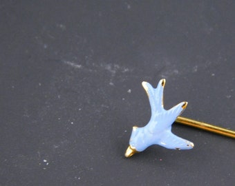 Dainty Blue Bird Stick Pin Gold Tone 2-3/4" Long Head: 3/8" Wide by 1/4" Tall - In Flight, Hijab, Lapel, Hat, Vintage, Petite