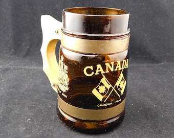 Vintage Souvenir of Canada Wooden and Glass Stein Mug - 5-1/4" Tall - Made in Taiwan - Royal Canadian Mounted Police, Coat of Arms, Yellow