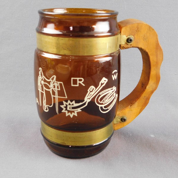 Vintage Siestaware Bottle Brown Glass Barrel Mug with Wooden Handle - 5" Tall - Cowboy, Brands, Saddle, Spur, Horseshoes, ARW