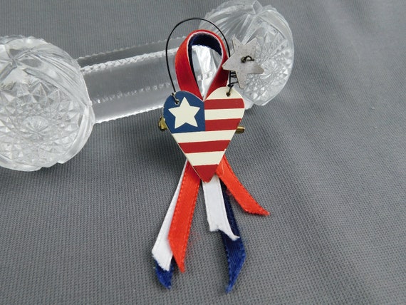 Patriotic Pin Brooch American Flag Heart With Ribbon and Metal