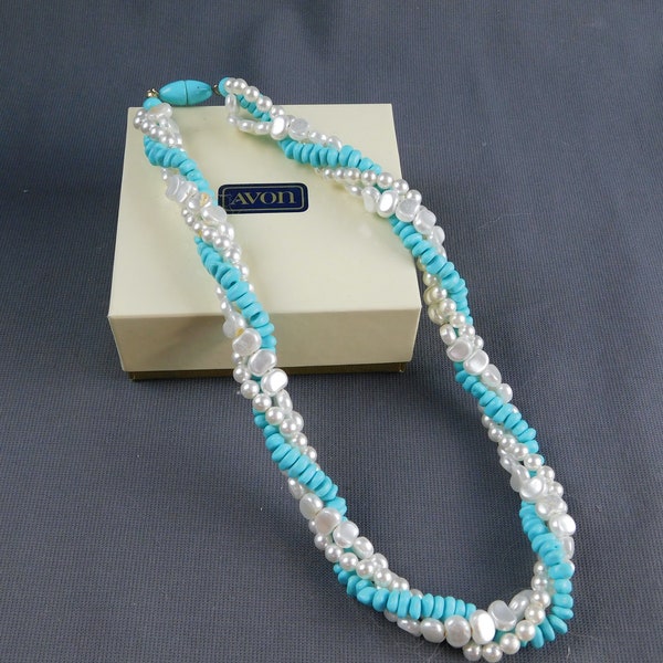 Vintage Avon Turquoise Impressions Torsade Necklace Faux Pearls and Stones 18" Long - Twisted Strands, Original Box, Unworn, NOS, Fashion