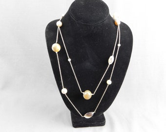 Genuine Stone and Faux Pearl Endless Necklace 48" Long - Over the Head, Agate, Fiber Optic Beads, Variegated, Vintage, Faux White Pearl