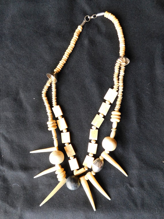 Carved Bone Tribal Necklace Wood and Silver Tone … - image 1