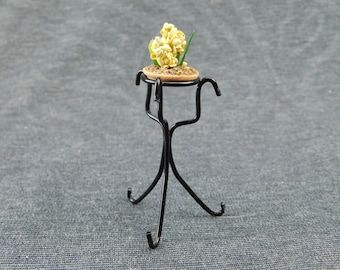 Dollhouse Miniature Shadow Box Plant Stand with Flowering Plant Stand 2-1/4" Tall by 1-3/8- Plant  3/4" Diameter - Yellow Flowers, Metal