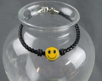 Enameled Smily Face Braided Leather Bracelet Celebrate Life Tag 7"- 8-1/4" Long 3mm Wide - Branded HMK, Black, Lemon Yellow, Adjustable