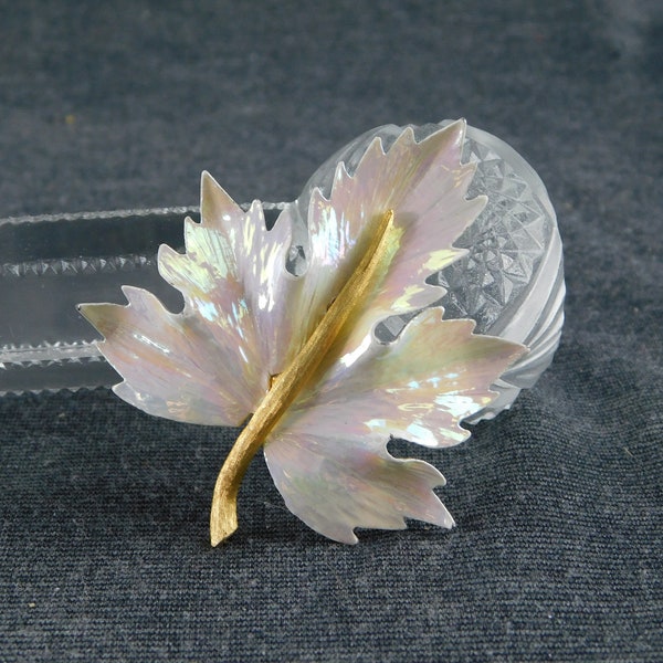 Signed Amerique Iridescent White Leaf Pin / Brooch Textured Gold Tone stem 2-1/4" Wide by 2-1/2" Tall - Aurora Borealis, Shimmer, Designer