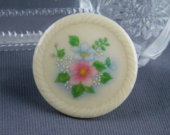 Floral Porcelain Ceramic Avon Brooch Pin Signed 1-5/8" Diameter - Flowers, Wedding, Bride, Bridal, Bouquet