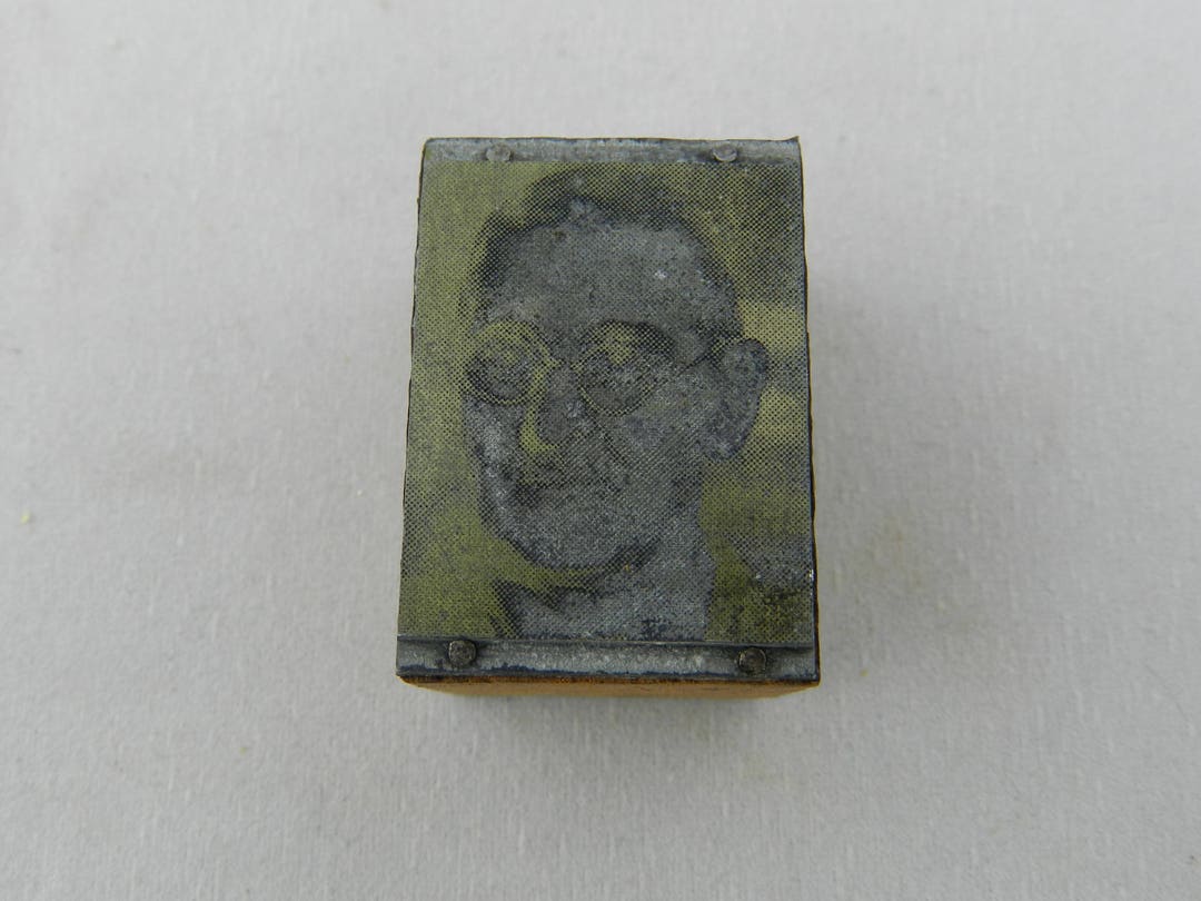 Vintage Wood and Metal Printing Press Block Portrait of a Spectacled Man 11/2 Tall Syracuse, NY