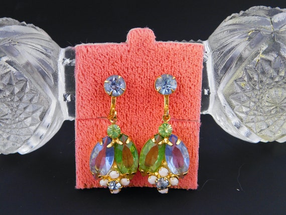 Stunning Pastel Rhinestone Drop Clip On Earrings … - image 1