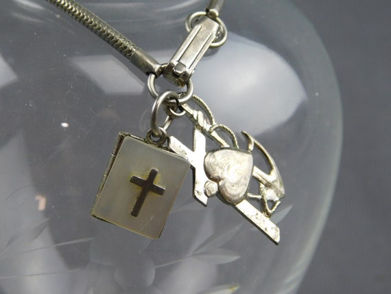 Vintage Ann Gale Gold Filled Mother of Pearl Bible Locket and Cross (Faith) Anchor (Hope) Heart (Love/Charity) on A Snake Chain Bracelet