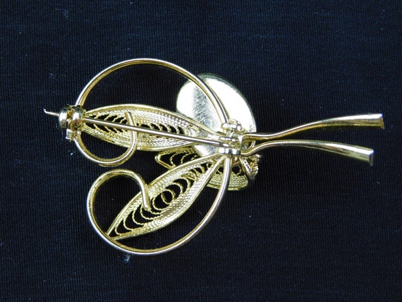 Yellow Gold Plated Filigree Jade Brooch Pin Leave… - image 3