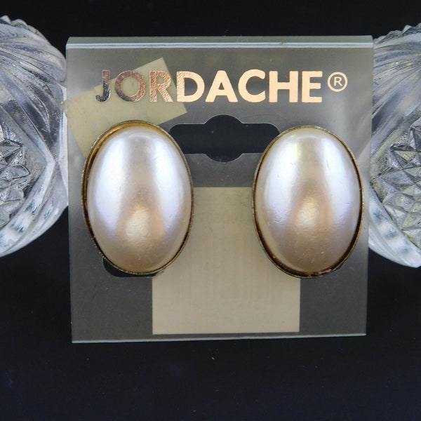 NOS Jordache Clip On Earrings Silver tone w White Faux Pearl 1" Long by 5/8" Wide - Vintage, Authentic, Oval, Original Card