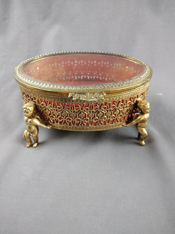 Vintage Brass Filigree Ormolu Jewelry Casket Trin… - image 5