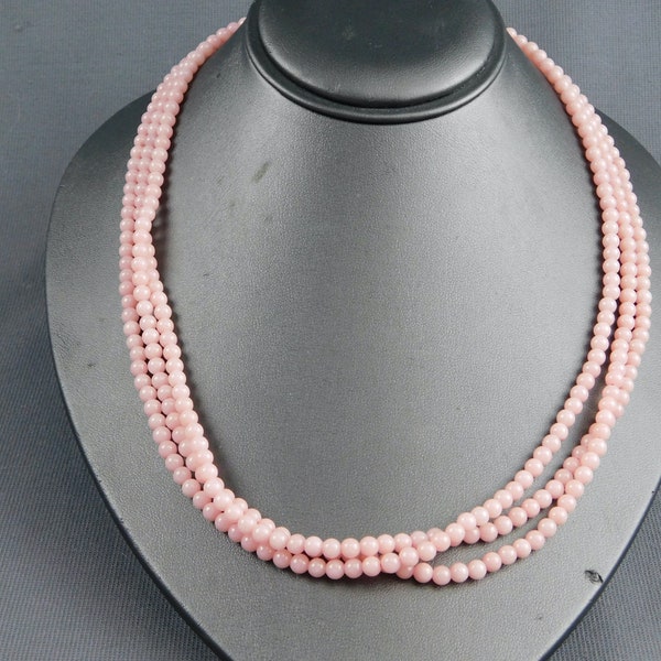 Triple Strand Pink Dyed Stone and Sterling Silver Necklace 4mm Beads 20" Long - Vintage, Classic, Timeless, Elegant