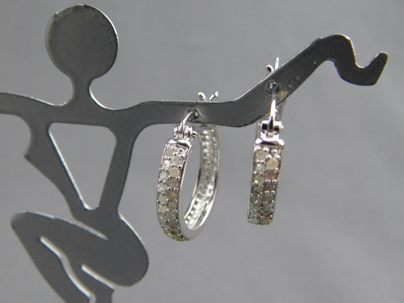 Sterling Silver .925 Genuine Diamond Hoop Earrings Pierced Signed FAS 4.3 Grams 34 Diameter 18 Wide Double Row of Stones Vintage