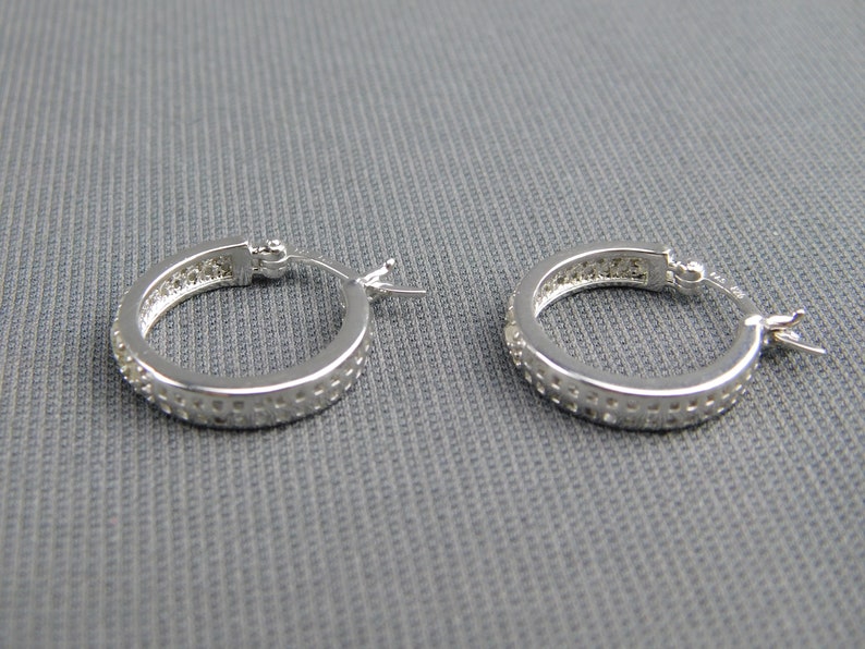 Sterling Silver .925 Genuine Diamond Hoop Earrings Pierced Signed FAS 4.3 Grams 34 Diameter 18 Wide Double Row of Stones Vintage