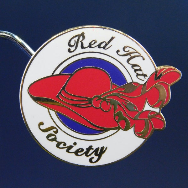 Red Hat Society Cloisonné Pin Back Dated 2002 1-3/16" Wide by 1-1/16" Long - Clutch, Lapel, Hat, Vintage, Organization, Societal