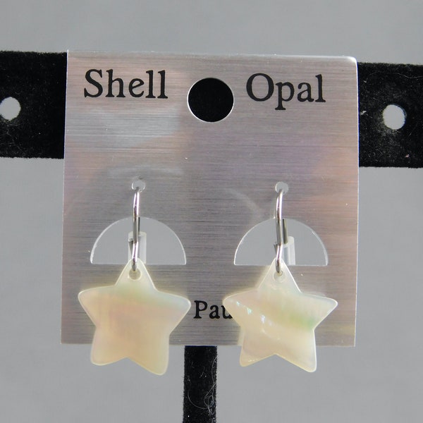 NOS Genuine Paua Shell Star Shaped Mother of Pearl Dangle Pierced Earrings Silver Tone Vintage 1" Long by 5/8" Wide - Stars, Original Card