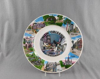 Vintage New Orleans Louisiana Souvenir Plate - 10-1/4" Diameter - St Charles Ave, Antoine's, French Quarter, Brennan's, Bourbon Street