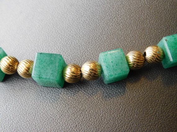 Square Jade Green Stone Beaded Necklace Ribbed Go… - image 2