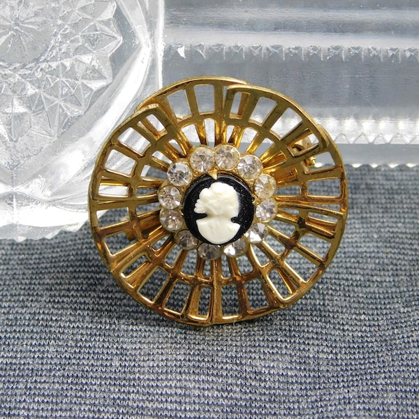 Vintage Signed Coro Circular Pin / Brooch Gold Tone Rhinestone Cameo Filigree Ruffled 1-3/8" Diameter - Retro Chic Authentic Designer