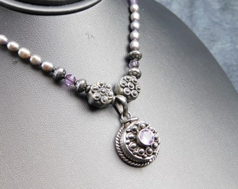 Stunning Boho Chic Sterling Amethyst and Pearl Poison Pendant Necklace- Opens, Marks, Pearl, Amethyst, Sterling, Boho Chic, Steam Punk,