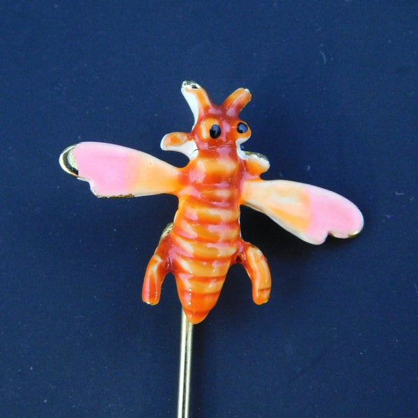 Enameled Colorful Bee Wasp Stick Pin Unbranded Gold Tone Head 3/4" Long by 1" Wide 2-1/4" Long - Vintage, c.1960's, Insect, Bug, Enamel