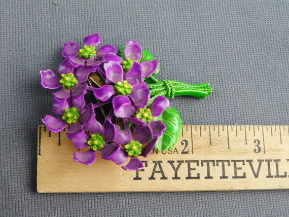 Vintage Purple Enameled Metal Flower Bouquet Broo… - image 7