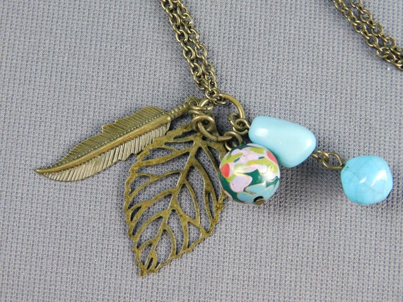 Burnished Gold Tone Leaf Neacklace w Faux Turquoi… - image 3