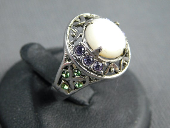 Sterling Silver Mother of Pearl & Crystal Ring Fi… - image 3