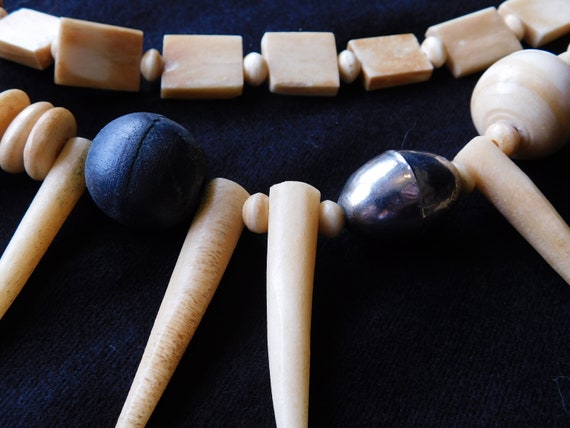 Carved Bone Tribal Necklace Wood and Silver Tone … - image 3