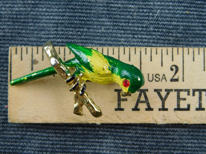 Green,Vintage Vintage Parrot Pin Brooch with Red Rhinestone Eyes Made in Taiwan 1-12 long Retro Nature Bird Yellow Gold Tone Fun