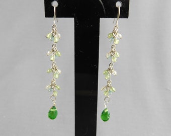 Silver Tone Dangle Pierced Earrings With Shades of Green Beads Vintage Ear Wires 3" L0ng with 2-9/16" Drops - Glass Teardrops, Hippie