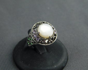 Sterling Silver Mother of Pearl & Crystal Ring Filigree Amethyst and Peridot Colors Size 6.6 Wt 6.3 Grams - Vintage, White, MOP, Classic