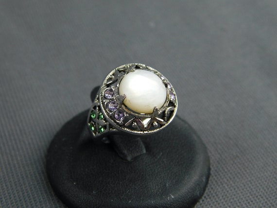 Sterling Silver Mother of Pearl & Crystal Ring Fi… - image 1