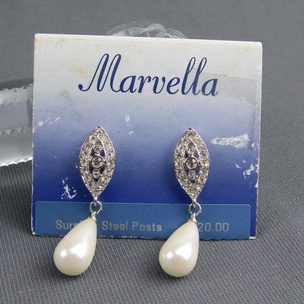 NOS Marvella Designer Faux Pearl Teardrops and Clear Rhinestone Silver Tone Pierced Earrings on Original Card 1-3/4" Long -Wedding, Bride