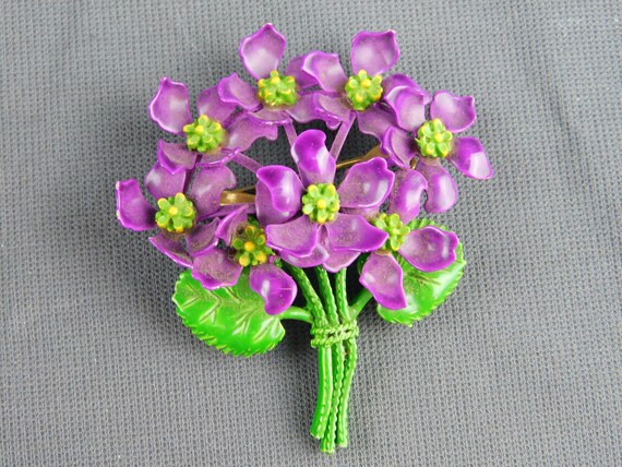 Vintage Purple Enameled Metal Flower Bouquet Broo… - image 3