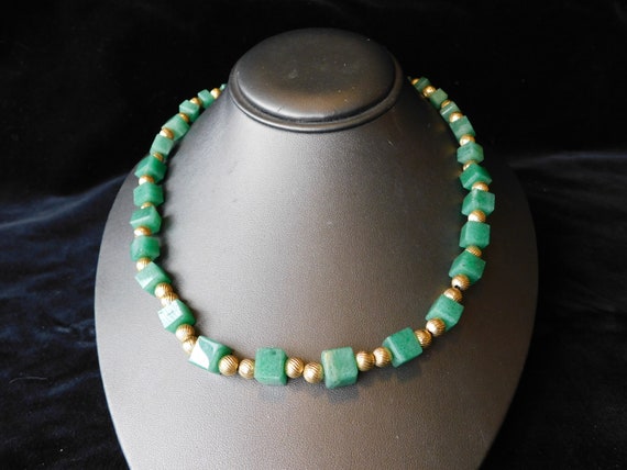 Square Jade Green Stone Beaded Necklace Ribbed Go… - image 1