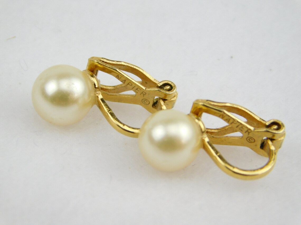 Signed Napier Clip ON Earrings Faux Pearl Designer Gold Tone - Etsy